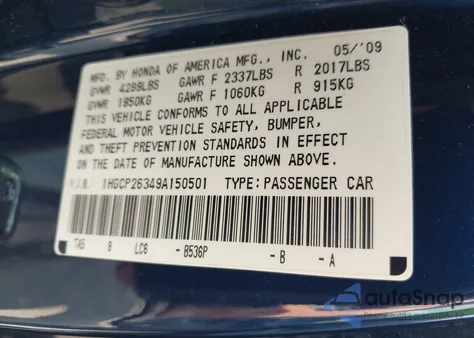 2009 Honda Accord 2.4 Lx from USA, damaged, VIN 1HGCP26349A150501
